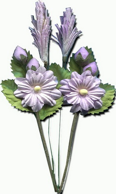 Set of flowers on leaves and sprigs in pastel colours, lavender